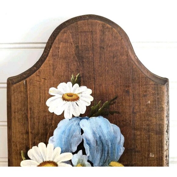 Vintage Floral Wall Plaque, Hand Painted Irises and Daisies, Solid Maple, EUC - Picture 3 of 10